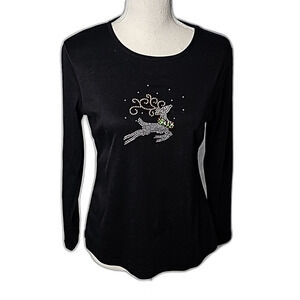 Christmas Blouse by Karen Scott Black with Rhinestones Size PM